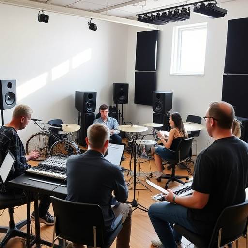 Ansicht des Aufnahmestudios der KlangWerkstatt Zürich während eines Musikproduktionskurses, mit Studenten und Dozenten in Aktion