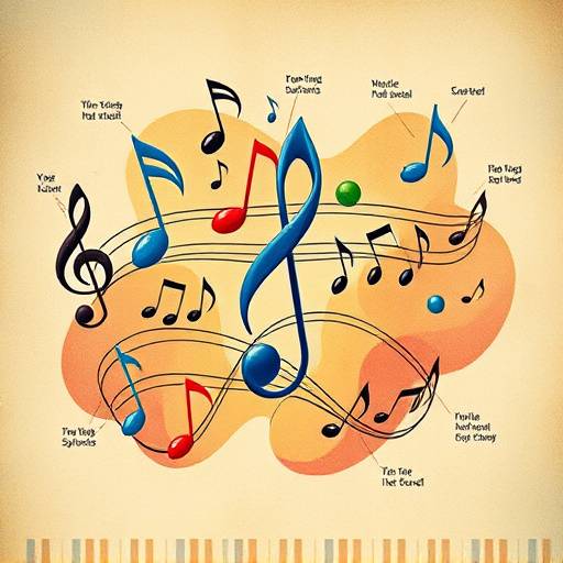 Grafische Darstellung von Noten und musikalischen Symbolen, die die Musiktheorie und Harmonielehre repräsentieren