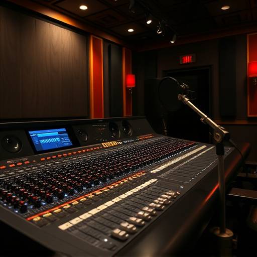 Mischpult in einem professionellen Studio mit verschiedenen Reglern und Anzeigen, die den Mixing- und Mastering-Prozess visualisieren