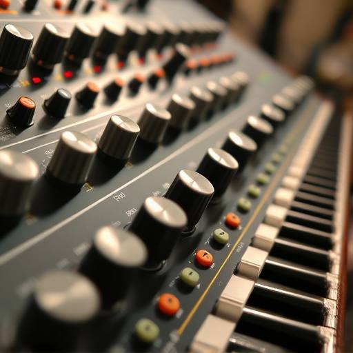 Nahaufnahme eines modularen Synthesizers mit verschiedenen Reglern und Kabeln, die das Sounddesign symbolisieren