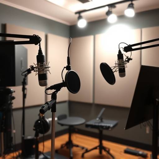 Professionelles Aufnahmestudio mit Mikrofonen, Kopfhörern und einer Gesangskabine, die die Aufnahmetechniken darstellen